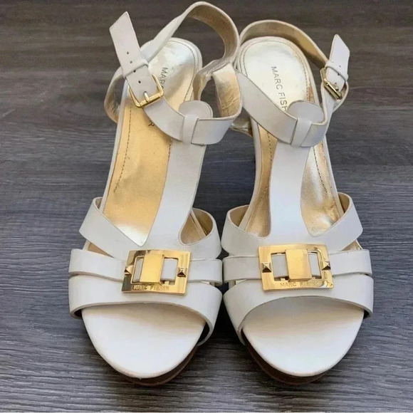 Marc Fisher Varika 2 White Leather Stiletto Sandals Heels Gold Detail: 8M - Picture 3 of 10